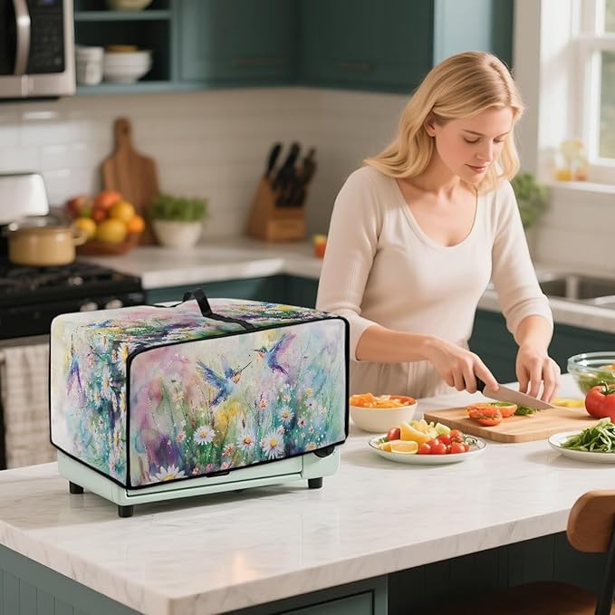 Watercolor Hummingbirds Daisy Print Toaster Oven Dust Cover, Heavy Duty Heat-resistant Microwave Oven Cover, Anti Fingerprint Air Fryer Covers((Medium-16.1 * 19.71 * 10 inches)