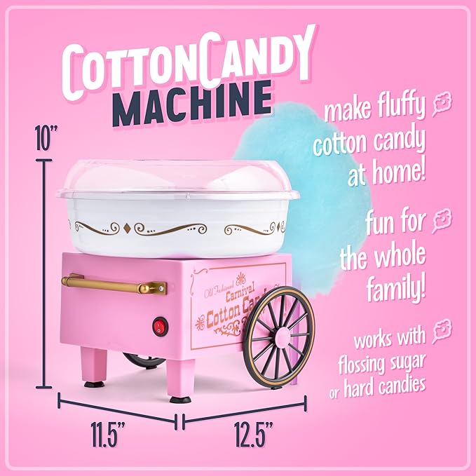 Nostalgia Vintage Cotton Candy Machine - Countertop Cotton Candy Maker With 2 Reusable Cones & 1 Sugar Scoop - Use Hard Candy or Sugar to Create Fluffy, Delicious Treats in Minutes-Pink
