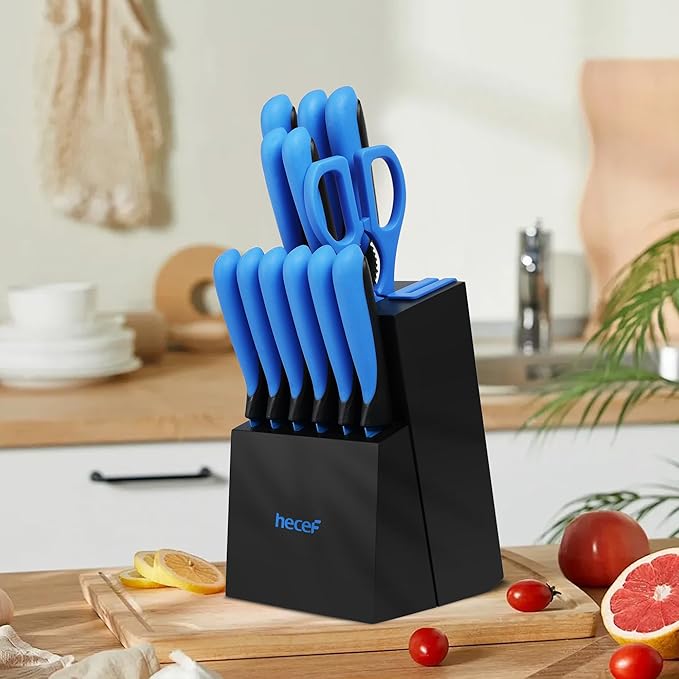 hecef 15 Pieces Kitchen Knife Set with Built-in Sharpening Wooden Block, Dishwasher Safe, High Carbon Stainless Steel Knife Block Set with Steak Knives, Kitchen Scissors (Blue)