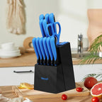 hecef 15 Pieces Kitchen Knife Set with Built-in Sharpening Wooden Block, Dishwasher Safe, High Carbon Stainless Steel Knife Block Set with Steak Knives, Kitchen Scissors (Blue)