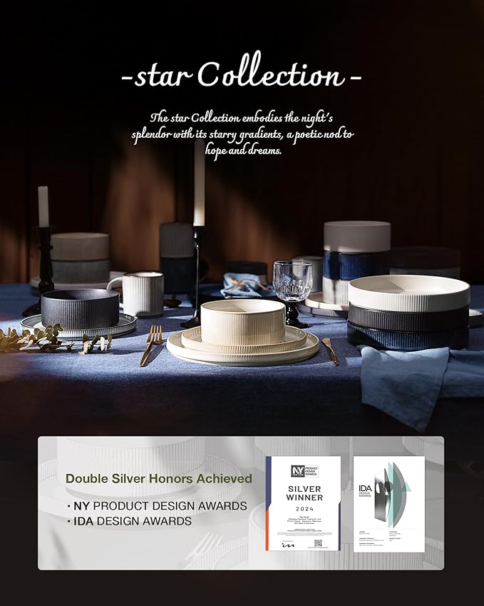 Famiware Star 18-Piece Reactive Glaze Plates and Bowls Sets, Service for 6 - Stoneware Dinnerware Set, Modern Rustic Ribbed Dishes, Chip/Scratch Resistant, Microwave/Dishwasher Safe, Matte Sage Green