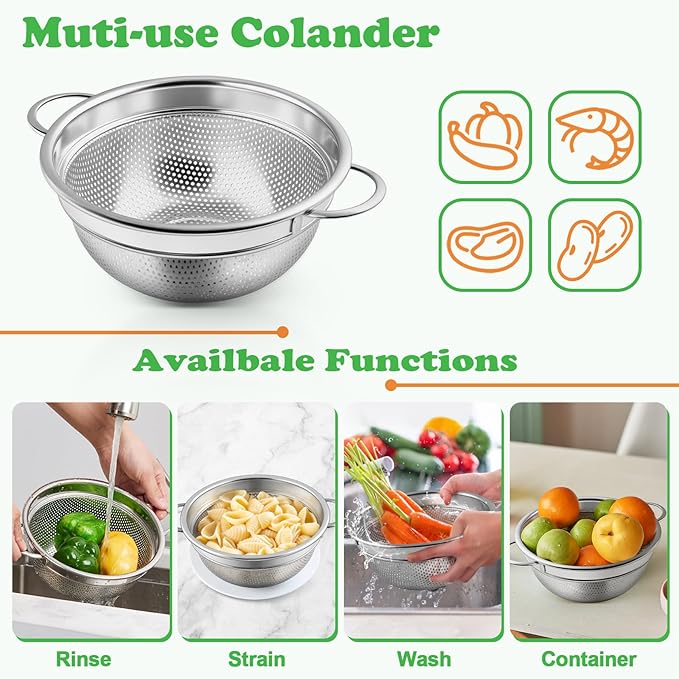 P&P CHEF Colander Strainer Stainless Steel 3 Quart, Metal Micro-Perforated Colander for Kitchen Food, Ideal for Rinsing Washing Draining, Dishwasher Safe, Shiny Silver, 2PCS
