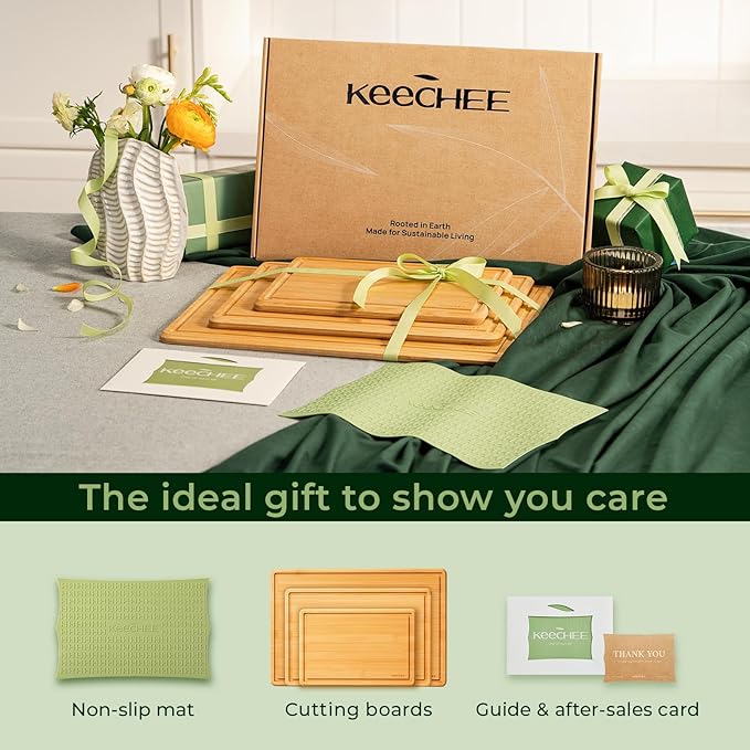 Keechee Cutting Board with Non-slip Mat, Bamboo Cutting Board for Kitchen Meal Prep & Serving - Wood Serving Board Set with Deep Juice Groove Ideal Kitchen Gifts