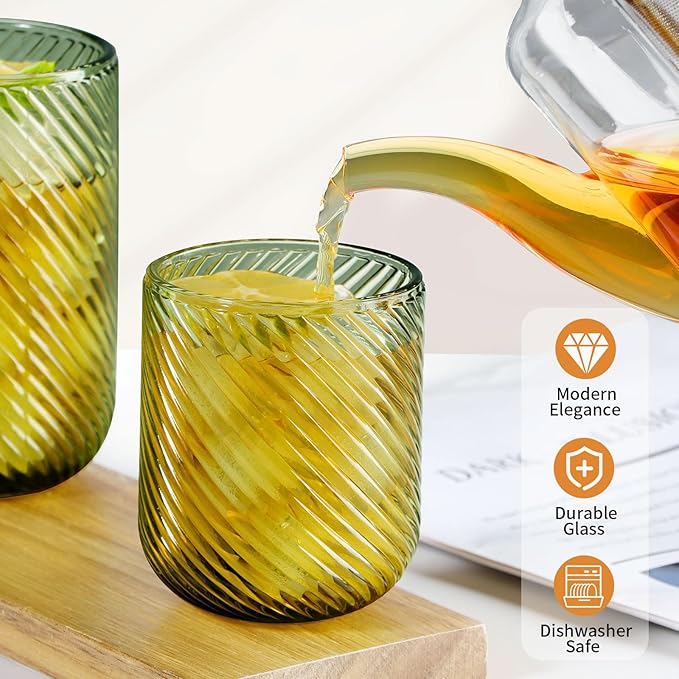 Set of 8 Ribbed Glassware,4 Highball Glasses 14oz & 4 Rocks Drinking Glasses 9oz, Origami Style, Fluted Design, for Milk, Water, Cocktail, Juice, Beer, ToothBrush Cup, Gif (Leaning Green)