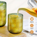 Set of 8 Ribbed Glassware,4 Highball Glasses 14oz & 4 Rocks Drinking Glasses 9oz, Origami Style, Fluted Design, for Milk, Water, Cocktail, Juice, Beer, ToothBrush Cup, Gif (Leaning Green)