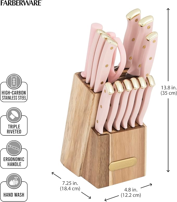 Farberware 15-Piece Triple Riveted Acacia Knife Block Set, High Carbon-Stainless Steel Kitchen Knives with Ergonomic Handles, Razor-Sharp Knife Set, Pink and Gold