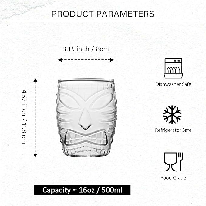 Tiki Glasses Set of 6-16 oz Cocktail Drinking Glasses - Water Glassware - Drinkware for Juice Iced Coffee - Hawaii Pool Beach Party Cups