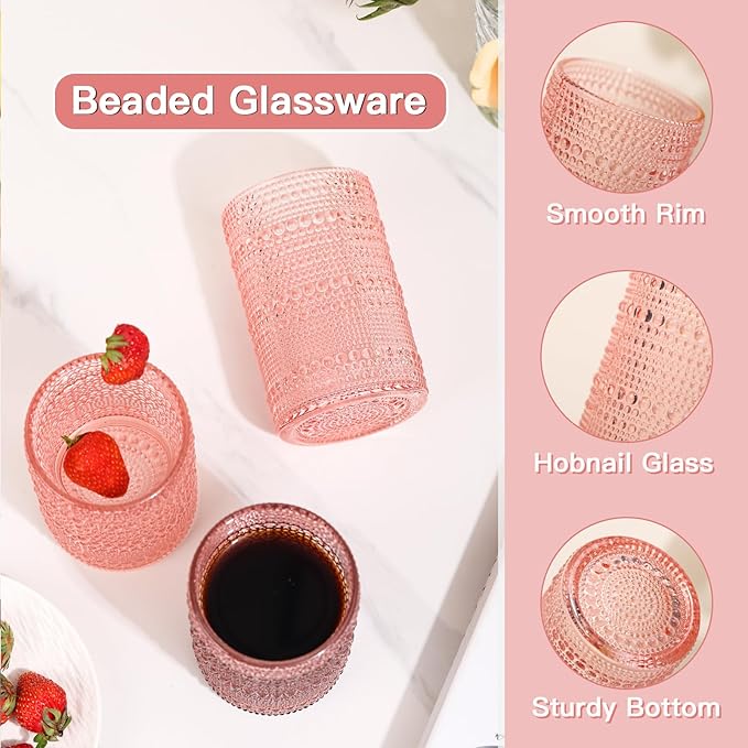 JOVGANK Pink Vintage Hobnail Drinking Glasses Set of 6, Water Tumbler 15oz, Kitchen & Bar Beaded Highball Glasses, Beverage Glass Cups for Water, Beer, Juice, Housewarming and Mother's Day Gift