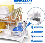 Godboat Dish Drying Rack, 2-Tier Dish Rack with Auto-Drain & Mat, Dish Racks for Kitchen Counter, Dish Drainer with Knife, Fork & Cup Rack, Gifts for Women, Mothers Day, Kitchen Gadgets, White