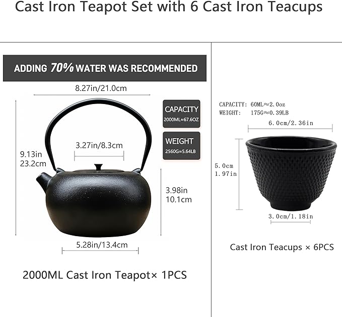 67.6oz Large Cast Iron Teapot and Cups Set, Black Enameled Tea Kettle for Stovetop, Heavy and Durable Tea Pot with Stainless Steel for Loose Tea, Chinese Tea Set for Gift, 2000ML