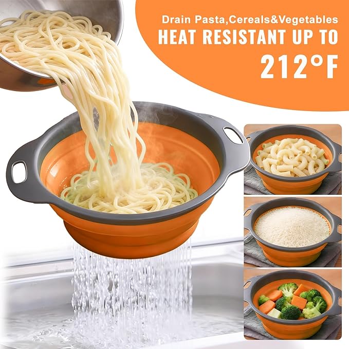 Collapsible Colander Set of 2, Folding Kitchen Strainers with Handles, Space-Saving Over-the-Sink Drainers for Pasta, Veggies & Fruit, BPA-Free, Dishwasher Safe, RV & Camping (Orange)