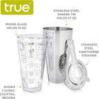 True 3-Piece Barware Set for Mixed Drinks and Cold Brew Cocktails, Includes Cocktail Shaker Tin, Cocktail Mixing Glass with 7 Printed Recipes, and Hawthorne Strainer, Home Bar Tools, Bartender Gifts