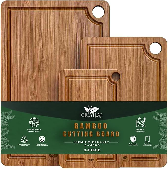 Bamboo Cutting Board for Kitchen, Wooden Cutting Board 3-Piece Set with Non-Slip Mat Deep Juice Groove, Wood Cutting Board for Meat Vegetables Fruit