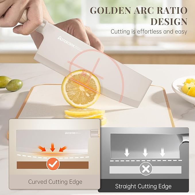 Astercook Knife Set, 6-Piece Kitchen Knife Set with Block, High Carbon Stainless Steel Ultra Sharp Kitchen Knives, Wood Grain Handle, Dishwasher Safe Knife Block Set, Khaki