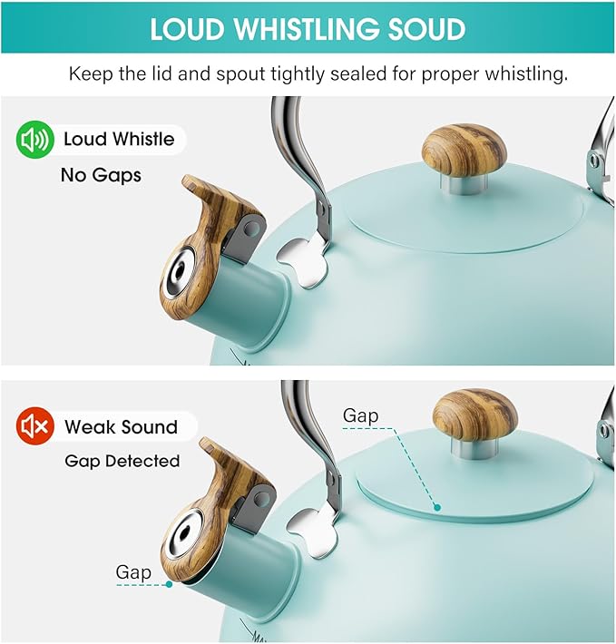 2.6 Quart Tea Kettle Stovetop Whistling for Stove Top, Food Grade Stainless Steel Tea Kettles with Cool Wood Pattern Handle, Blue
