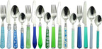 The Original Brink House Eclectic Blue Green Mix & Match Stainless Steel Cutlery Set / 16 pieces with Metal Stand/Lifestyle utensils set for home, first apartment, dorm, dinner parties