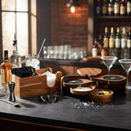Mifoci Acacia Wood 5 Tier Bar Glass Rimmer Bartender Tool with 12 Pcs Stainless Steel Classic Bottle Pourers, Bar Caddy with 6 Compartment, 1000 Pcs Coffee Cocktail Stirrers, 200 Napkins