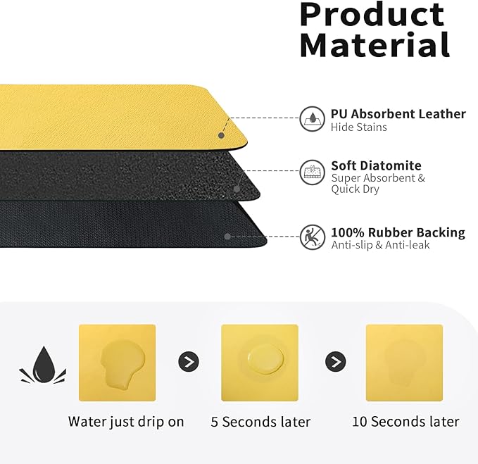 HotLive Dish Drying Mat for Kitchen Counter, Heat Resistant Drainer Mats with Non-slip Rubber Backed, Hide Stain Kitchen Super Absorbent Draining Mat, Easy to Clean Dish Rack Pad, Yellow 18"x28"