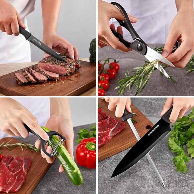 Kitchen Knife Set with Block, 19 PCS High Carbon Stainless Steel Sharp includes Serrated Steak Knives Set, Chef Knives, Bread Knife, Scissor, Sharpener, all in one