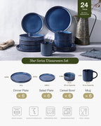 Famiware Star 24-Piece Stoneware Dinnerware Sets, Service for 6 - Reactive Glaze Mugs, Plates and Bowls, Dishes for Everyday/Formal Use, Chip/Scratch Resistant, Microwave/Dishwasher Safe, Nebulas Blue