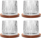 Rotatable Old Fashioned Glass, 275ml/10oz Crystal Whiskey Glass Set of 4, Wood Coaster, Thickening, Used as Rum Glass, Cocktail Cup, Coffee Cup, Milk Cup to Relax and Reduce Stress, Christmas gifts