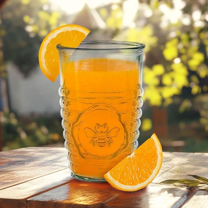 COURONNE CO. Clear Recycled Drinking Glass Tumbler, Perfect for Cocktails, Refreshments & Everyday Use, Restaurant Grade, Crafted without lead-based materials (11.2 Oz, Bee), Pack of 6