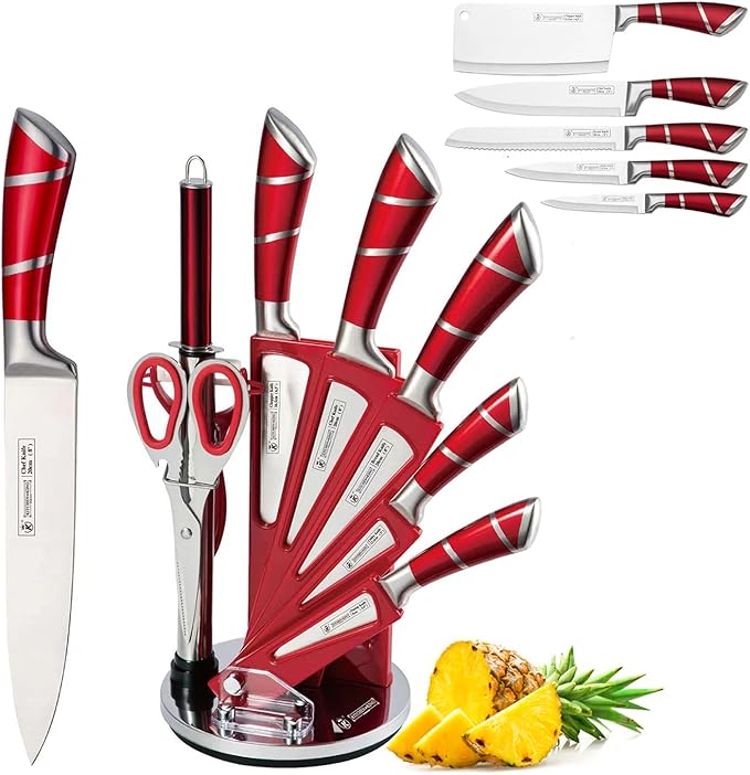 Kitchen Knife Set, 9-Piece Red Kitchen Knife Set with Acrylic Block, Non Stick Sharp High Carbon Stainless Steel Knife Set for Kitchen Cutting Meat Slicing Chopping Kitchen Women Gifts