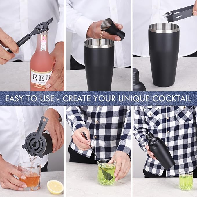 JNWINOG Cocktail Shaker Set Stainless Steel Bartending Kit 18.6oz Cocktail Bar Set Cocktail Mix Drink Making Kit Professional Bar and Home Drink Bar Tools for Bartender (Matte Black, 7Pcs)
