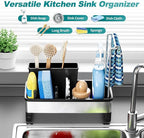 304 Stainless Steel Sink Caddy with Auto-Drain, Kitchen Sink Organizer Sponge Holder with Towel Rack & Removable Brush Holders, Countertop Storage for Soap Dispenser, Dishcloth, Kitchen Accessories