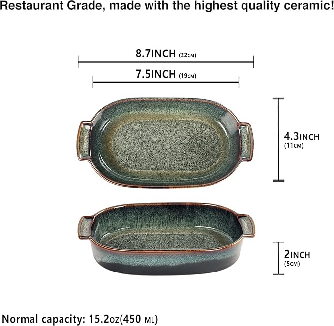 Ceramic Casserole Baking Dish - 15.2 Ounces Baking Dish for Oven, Lasagna Pans, Oven Safe Durable Bakeware for Kitchen Home Decor, Banquet and Dinner Oval 2 pieces, 7.5 x 4.3 Inch