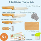 Kibbidea Kids Safe Knife set for Real Cooking, 11-Piece Kids Cutting Board & Kitchen Knife Set, BPA-free, Stainless Steel Blade, Wooden Handle, Peeler & Gloves, Serrated Child Friendly Chef Knives.