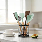 Utensil holder for Kitchen Counter - 5.2" x 5.2" x 6" Large Round Utensils Holder with Wooden Base Matte Black Cooking Utensil Holder，Kitchen countertop Utensil Organizer (Metal-1)