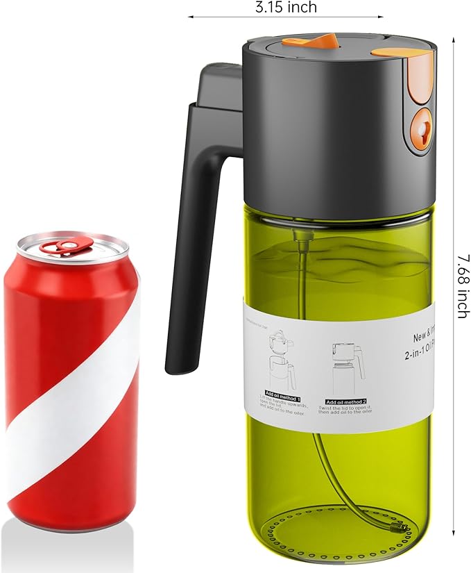 OURCABECUE Upgrade 2 in 1 Oil Sprayer for Cooking, 17oz Light-Blocking Glass Olive Oil Dispenser Bottle for Kitchen,Food-Grade Oil Mister with 8 Stickers(2PCS)