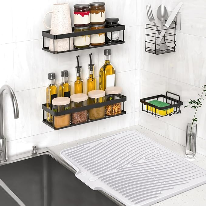TIKNIK Silicone Dish Drying Mat, Stone Drying Mat for Kitchen Counter with Built-In Drain, Non-Slip Drain Pad with Built-in Drain, Heat Resistant Stone Drying Mat, Hangable, White-2pcs, 20" x 15"