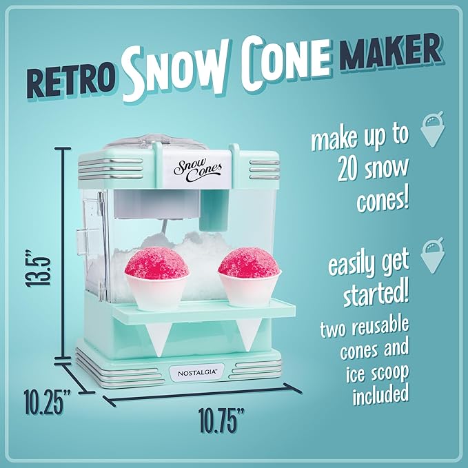 Nostalgia Snow Cone Machine With 2 Reusable Plastic Cups & Ice Scoop for Easy Serving- Retro Table-Top Ice Cone Maker Makes 20 Icy Treats- Slushie Machine for Parties, Family Treats & Gatherings- Aqua