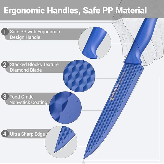 Kitchen Knife Set with Block, 6-Piece Non-stick Stainless Steel Sharp Knives Set for Precision Cutting with Universal Knife Block for Kitchen, Ergonomic Design & Dishwasher Safe, Purple