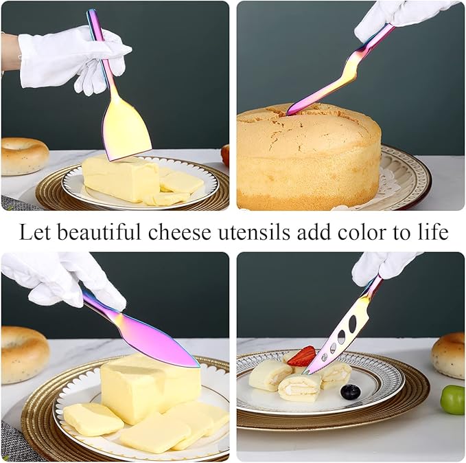 Berglander Rainbow Cheese Knife Set of 5 for All Types of Cheese, Colorful Titanium Plating Cheese Cutter Slicer Ergonomic Design for Confortable Grip and Cut, Butter Spreader Knife