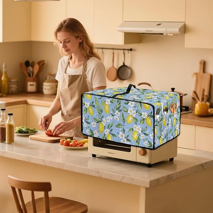Lemon Daisy Print Toaster Oven Heavy Duty Cover with Pockets, Dust-proof Anti Fingerprint Microwave Oven Cover, Air Fryer Covers for Kitchen Counter (Large-18.5*22.5*12.99 inches)