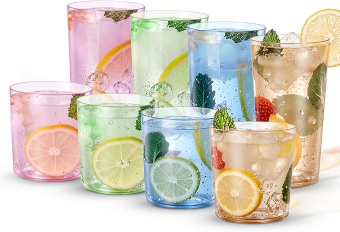 Liacere Colorful Drinking Glasses Set of 8-17oz Highball Plastic Glasses&14oz Cocktail Plastic Glasses Set, Kitchen Water Glasses Cup, Bar Tumbler Glassware Set for Beer,Juice,Cocktail,Whiskey,Milk