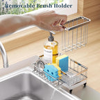 Consuemst Sponge Holder for Kitchen Sink - Auto Draining Sink Caddy Organizer with Detachable Rack, High Brush Holder, Kitchen Countertop Storage Accessories, Silver
