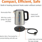 Amazon Basics Electric Stainless Steel Kettle for Tea and Coffee, BPA-Free, Fast Boiling, Auto Shut-Off, Boil-Dry Protection, 1.7 Liter, 1500W, Black and Silver