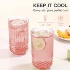 JOVGANK Pink Vintage Glassware Set of 6-17Oz Pink Water Drinking Glass, Art Deco Ripple Highball Glass, Whiskey Cocktail Glasses, for Bar Ice Coffee Juice, Housewarming Gifts and Mother's Day Gift