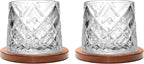 Rotatable Old Fashioned Glass Cup, 275ml/10oz Crystal Whiskey Glass Set of 2, Wood Coaster, Thickening, Used as Rum Glass Cup, Cocktail, Coffee, Milk to Relax and Reduce Stress, Christmas gifts