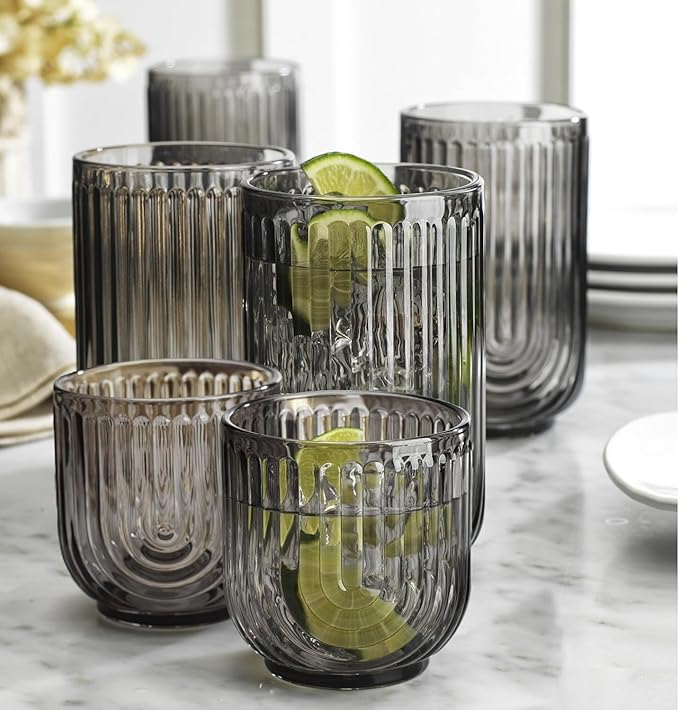 16 Piece Smoke Glassware Set, Art Deco Black Drinking Glasses, Ribbed U-Shape Design, 8 Highball 17oz and 8 Whiskey 11oz DOF
