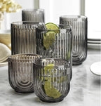 16 Piece Smoke Glassware Set, Art Deco Black Drinking Glasses, Ribbed U-Shape Design, 8 Highball 17oz and 8 Whiskey 11oz DOF