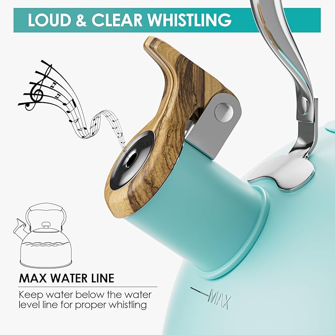 2.6 Quart Tea Kettle Stovetop Whistling for Stove Top, Food Grade Stainless Steel Tea Kettles with Cool Wood Pattern Handle, Blue