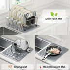 GSlife Small in Sink Dish Drying Rack - Stainless Steel Compact Dish Drainer with Silicone Drying Mat for RV Kitchen Apartment Sink, Silver