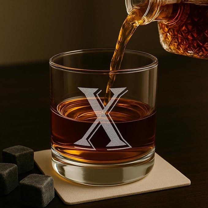 On The Rox (X-Monogram)- 4 Piece Set of 11 Ounce Engraved Heavy Base Rocks Glasses- Quality Elegant Glass-Multi-Purpose Beverage-Rocks Glass- For any Occasion