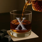 On The Rox (X-Monogram)- 4 Piece Set of 11 Ounce Engraved Heavy Base Rocks Glasses- Quality Elegant Glass-Multi-Purpose Beverage-Rocks Glass- For any Occasion
