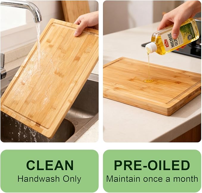 Bamboo Cutting Board for Kitchen, Thickened Chopping Board with Juice Groove & Handles, Large Double Sided Butcher Block for Meat, Vegetables & Charcuterie Serving, 17x12x1 Inch